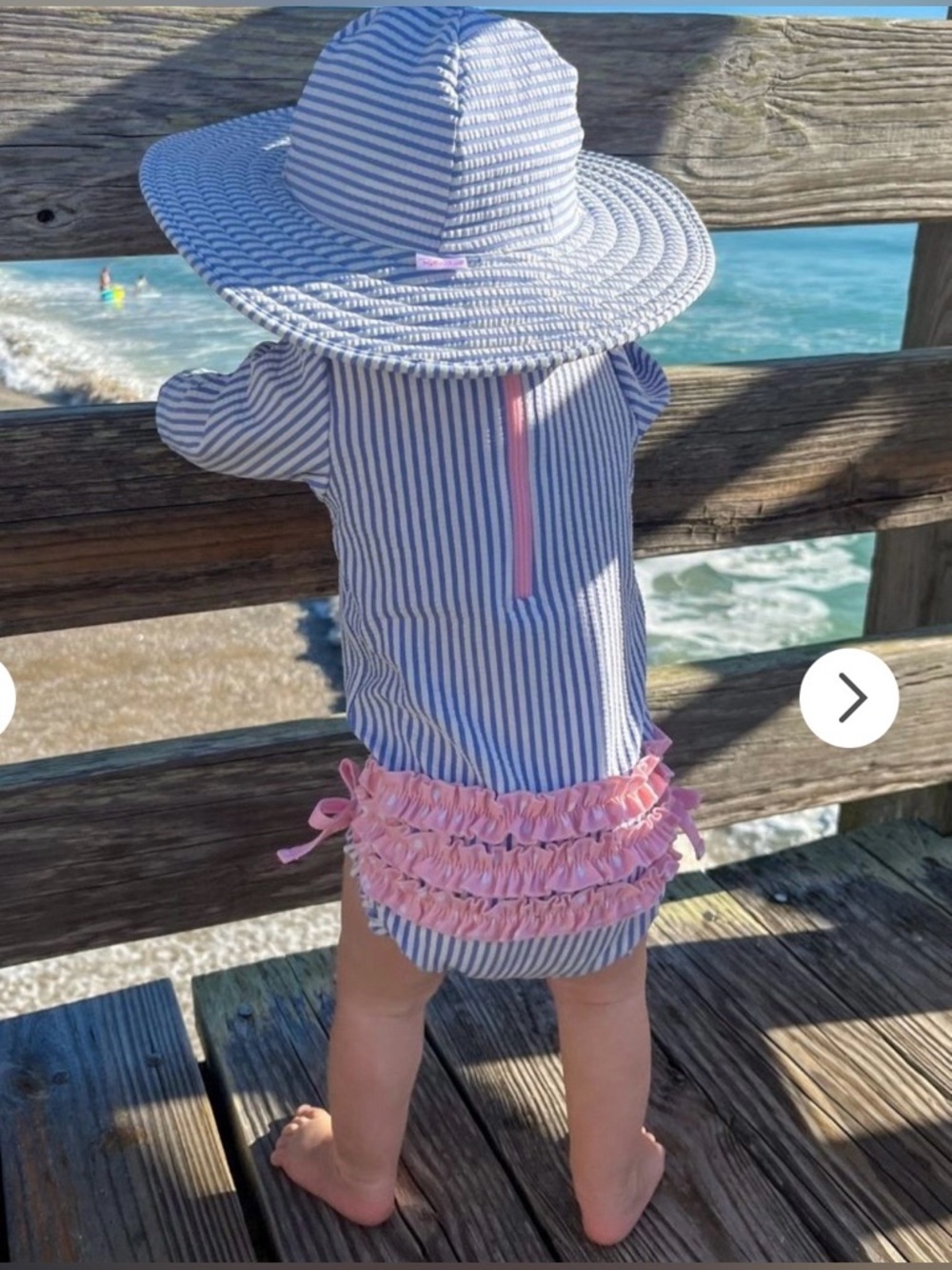 Rufflebutts Seersucker Long Sleeve One Piece Rash Guard with matching sun hat